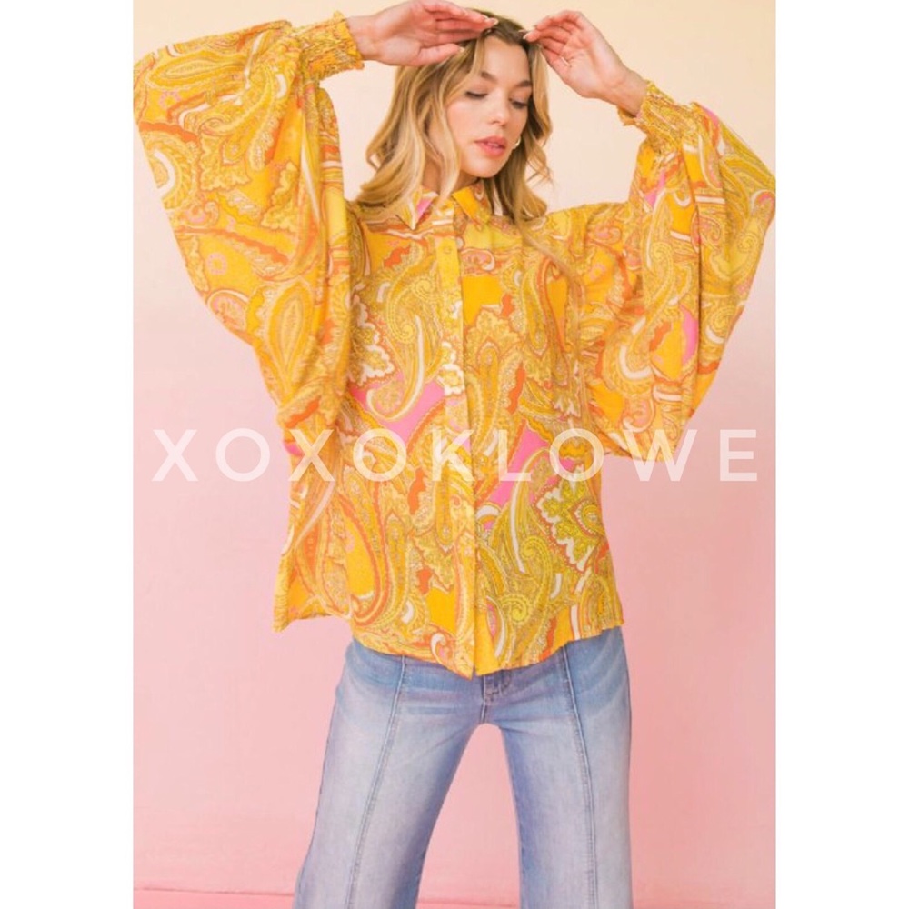 Yellow Button Down Blouse Paisley Print Long Sleeves